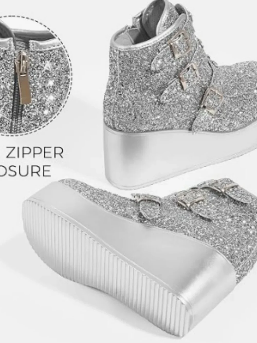 Lucky Step Hippie Platform Glitter Sneakers with Buckles,Hearts, Side Zip